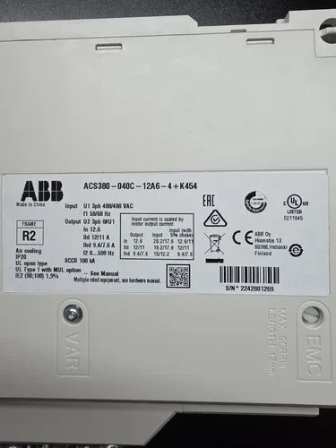 ABB ACS380-040C-12A6-4+K454 3PH 480VAC 5.5kW (7.5hp) or 4kW (5hp) Inverter Drive 2
