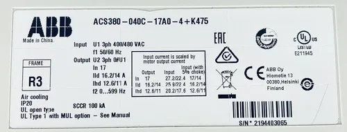 ABB ACS380-040C-17A0-4+K492 AC FREQUENCY DRIVE 7.5HP 5.5kW 400/480VAC 3PH 3