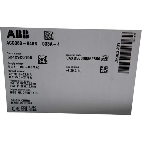 ABB ACS380 VFD Drive ACS380-040N-033A-4 20HP / 15HP 380-480V 33A Frame R3 3