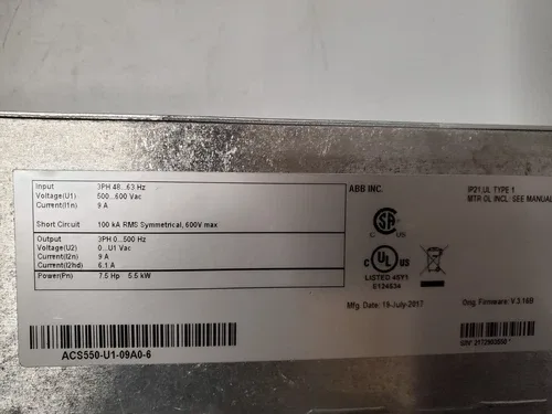 ABB 3 Phase AC Drive 500-600VAC 9A 7.5HP / 5.5kW ACS550-U1-09A0-6 2