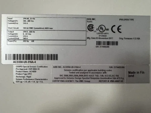 ABB Variable Frequency Drive ACS550-U0-316A-4 250HP 3PH 250 HP VFD 4