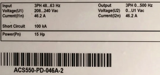 ABB ACS550-PD-046A-2 by 3 Phase 240V AC Drive with Disconnect Switch ACS550 2