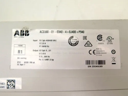ABB ACS580-01-03A0-4+0J400+P940 AC Drive 480Vac 3Ph 1.1kW 1.5Hp 2