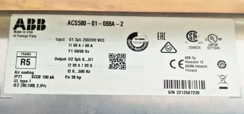 ABB ACS580-01-088A-2 22KW 30HP 3PH 208-240V 88A VARIABLE FREQUENCY AC DRIVE 2
