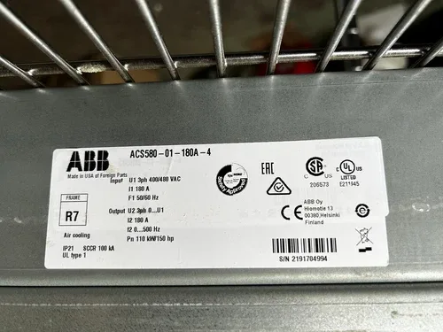 ABB 125 to 150 hp FREQUENCY DRIVE CONVERTER ACS580-01-180A-4 3PH 400/480VAC 180A 2