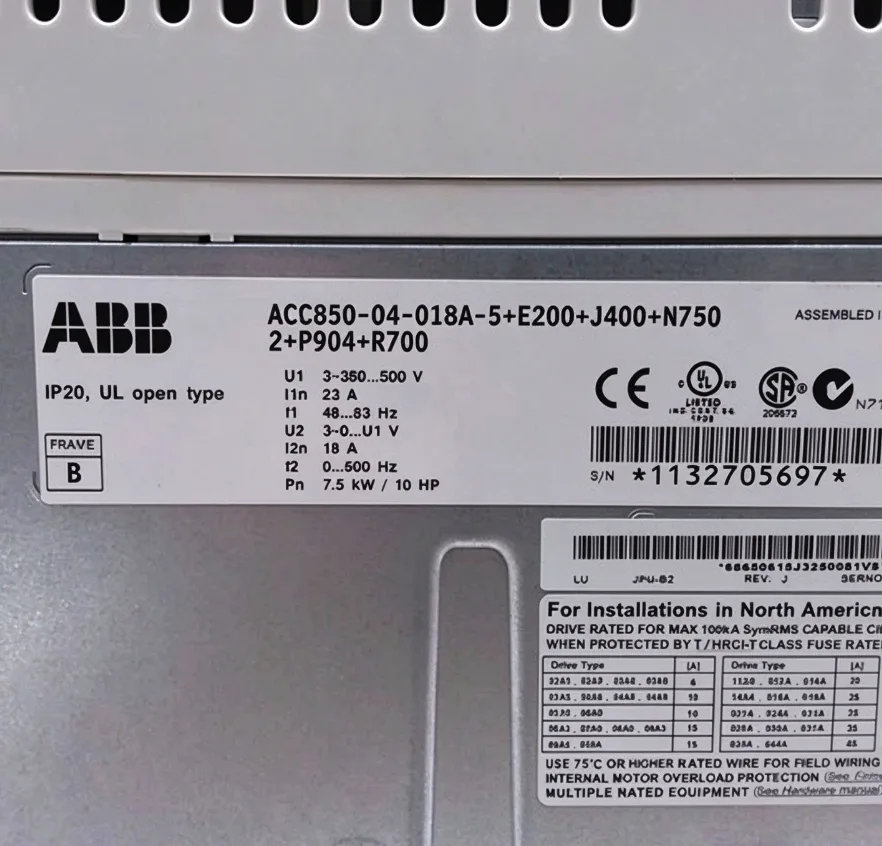 ABB ACS850-04-018A-5+E200+J400+N750 AC Drive 7.5kW/10HP 18A 415V 2