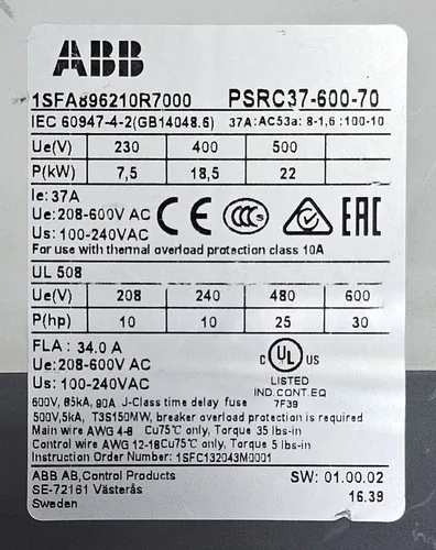 ABB PSRC37-600-70 Soft Starter 37A 600VAC 3