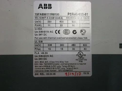 ABB Soft Starter 24VDC 600V 1SFA896111R8100 PSR45-600-81 4