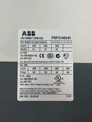 ABB PSR72-600-81 Softstarter 72A 208-600VAC 24VDC 1SFA896113R8100 Untested 3