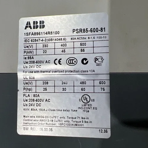 ABB PSR85-600-81 Soft Starter 1SFA896114R8100 85A 600VAC 24VDC 4