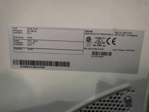 ABB 250 HP VFD AC Drive ACS800-U4-0260-5+P901 291A 480 volt - Powered on 2