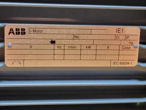 ABB IEC AC Motor M2AA 080 B2 3GAA081002-ASE 1.1 kW 50Hz 2760 RPM 230/400VAC 4
