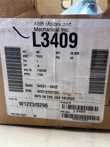 ABB L3409 Electric Motor 1/2HP 115/230V 1725RPM 48Frame 60Hz TEFC 1Ph 4