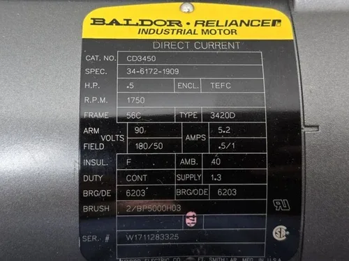 ABB Baldor DC Motor CD3450 90 VDC 5 HP 1750 RPM 5.2 Amp 56C 34-6172-1909 3
