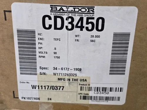 ABB Baldor DC Motor CD3450 90 VDC 5 HP 1750 RPM 5.2 Amp 56C 34-6172-1909 4