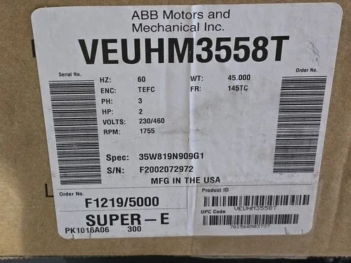 ABB Baldor AC Motor VEUHM3558T 2 HP 230/460VAC 1755RPM 145TC 35W819N909G1 3
