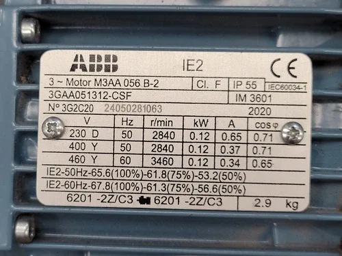 ABB 3GAA051312-CSF M3AA-056 B 2 Motor 0.12kW 2 Pole 3 Phase 400 Volt 2800-RPM 3