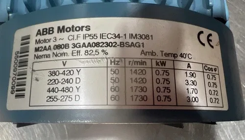 ABB Motor M2AA 080B 3GAA082302-BSAG1 3 Phase Motor Surplus Fan Cover MIA 2