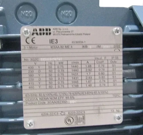 ABB 3GAA082350-BSK 3-Phase AC Electric Motor IE3 0.75kW 400V 3