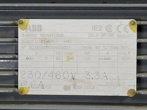 ABB 3GAA114101-ADE 1.0 kW 230/460 volts 858 rpm Electric Motor 2