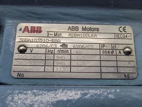 ABB MOTORS M2BA100L6A 3GBA103510-BSA 440-480V 6.49A 4