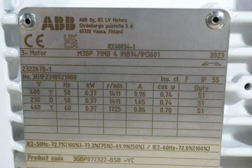 ABB 3 Phase Motor 1411 1725 RPM 37 kW M3BP 71MB 3GBP072322-BSB +VC 2