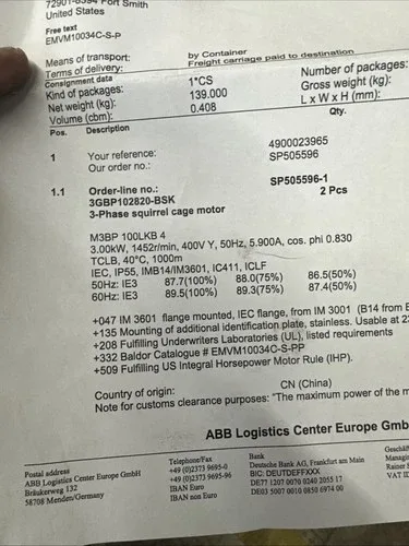 ABB MOTOR 3GBP102820-BSK 3KW 1750rpm 460v TEFC Cast Iron B14 EMVM10034C-S-PP 3