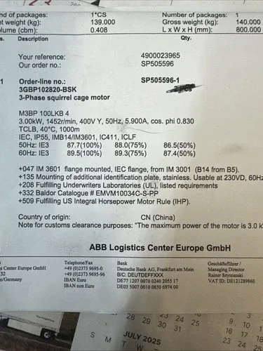 ABB MOTOR 3GBP102820-BSK 3KW 1750rpm 460v TEFC Cast Iron B14 EMVM10034C-S-PP 4
