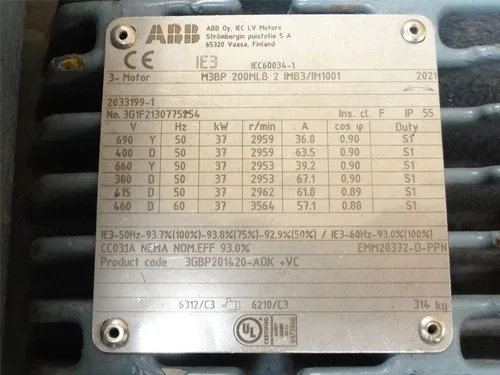 ABB 255219 Old-Stock 3GBP201420-ADK Motor 50HP 460VAC 3564RPM 2