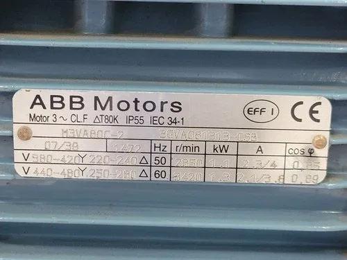 ABB 3GVA081313-CSB 1.1 kW 220/480 volts 2850 rpm Electric Motor (M3VA80C-2) 2