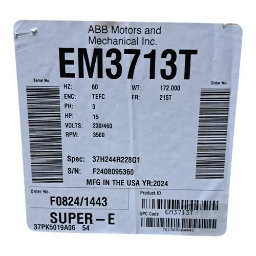 ABB General Purpose Motor 15HP 3500RPM 3PH EM3713T 2