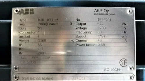 ABB 700 HP AC Electric Motor 1800 RPM Fr HXR400LH4 TEFCBB 7200 V 3