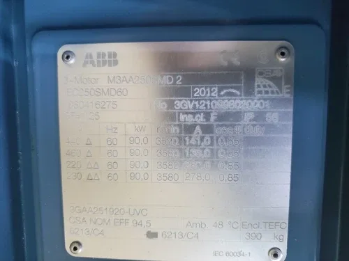 ABB 90kw 3580 RPM 60HZ 230/460V Three phase motor IEC250 3