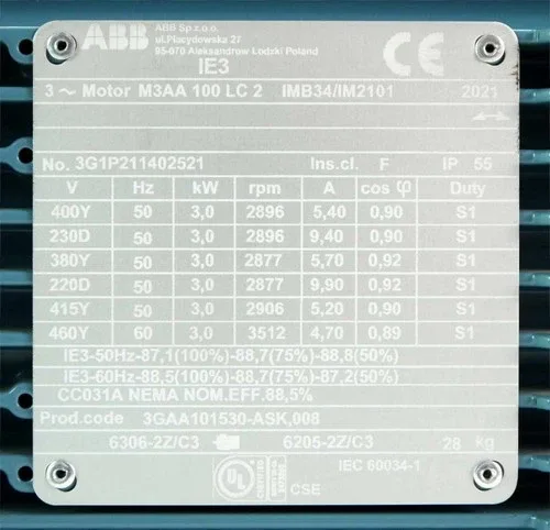 ABB M3AA 100 LC 2 IMB34/IM2101 Electric Motor 3.0kW 2896rpm 230/400V 3