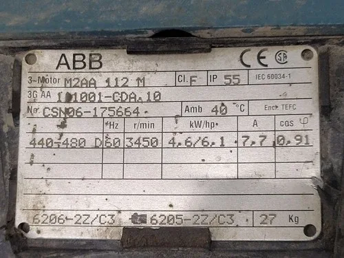 ABB M2AA 112 M 4.6 hp 480 Volts 3450 Rpm Alternating Current Motor M2AA112M 2