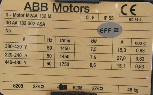 ABB M2AA132M MOTOR 440-480V 8.6KW 1.5 DIA 3