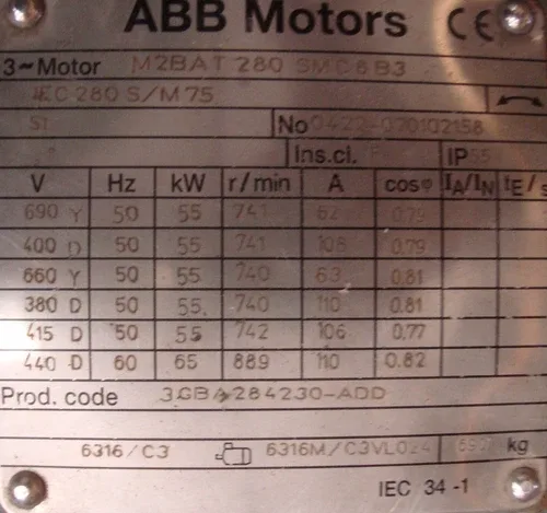 ABB Electric Motor Three Current Motor M2BAT280SMC8B3 55KW 741r/min 2