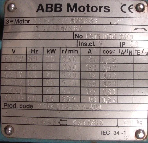 ABB Electric Motor Three Current Motor M2BAT315SMB8B3 75KW 740r/min 400V 4