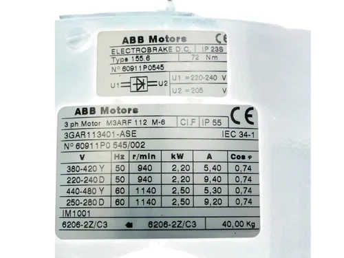 ABB M3ARF 112 M-6 M3ARF112M-6 Electric Motor +ElectroBrake 2.2kW 940rpm 3