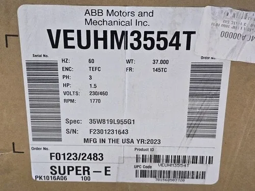 ABB Baldor AC Motor VEUHM3554T 1.5 HP 230/460VAC 1770RPM 145TC 35W819L955G1 2