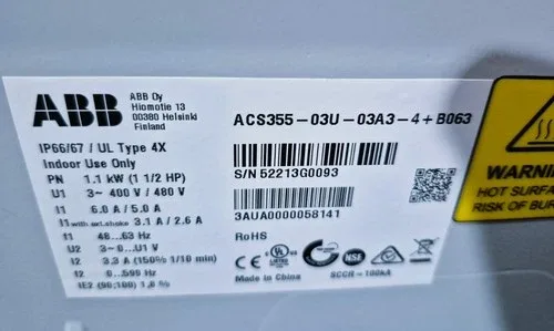 ABB ACS355 ACS350-03U-03A3-4+B063 VARIABLE FREQUENCY DRIVE 3 PHASE 400-480V 1.5HP 6.0A 5.0A 3