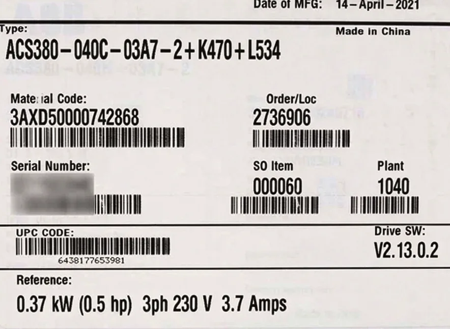 ABB Surplus ACS380-040C-03A7-2+K470+L534 EUC-ABB ACS380 VARIABLE SPEED DRIVE 3