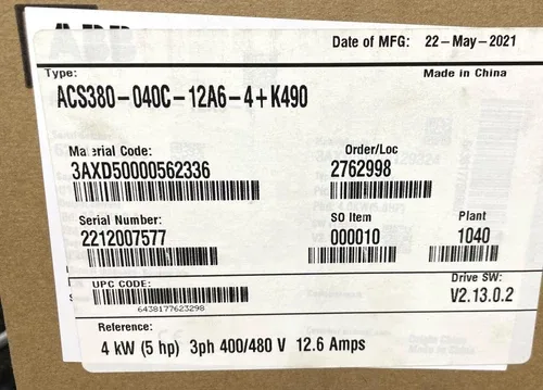 ABB Frequency Drive ACS380-040C-12A6-4+K490 5 HP 400-480v 4