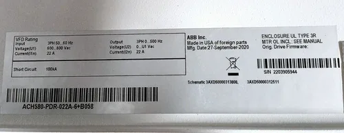 ABB ACH580-PDR-022A-6+B058 HVAC Drive With Disconnect Control Panel 3